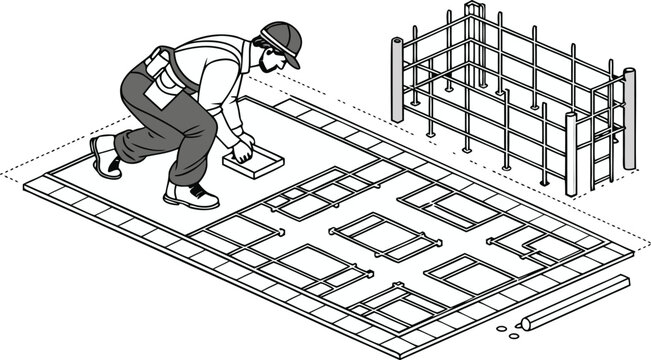 Construction worker reviewing blueprint for building foundation layout plan drafting table