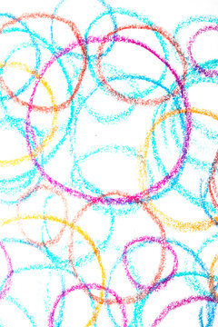 Colour crayon pencil hand drawn circle lines on white background