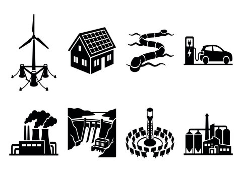 Green energy technology and renewable power generation vector icon set featuring solar panels wind turbines hydroelectric dams and electric vehicles