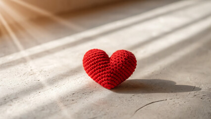 Obraz premium Knitted red heart resting on light linen fabric in soft natural light