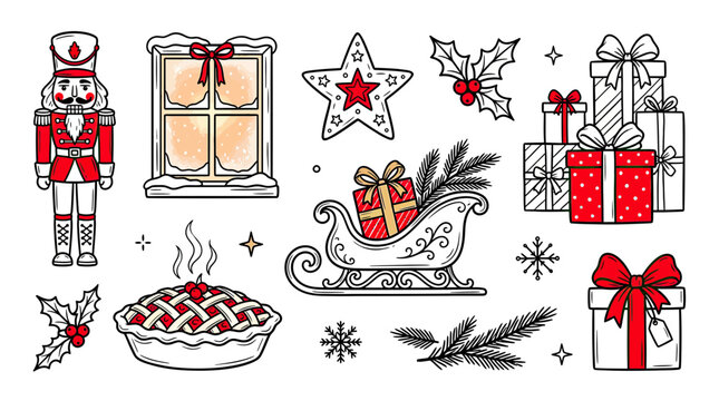 Christmas Icons: Nutcracker, Gifts, Pie, Holly, Sleigh, Star, Window