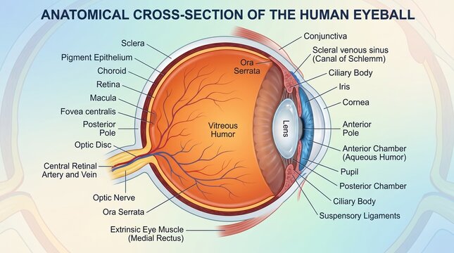 Anatomical cross section of the human eyeball with labels. 3D medical illustration of eye anatomy for education