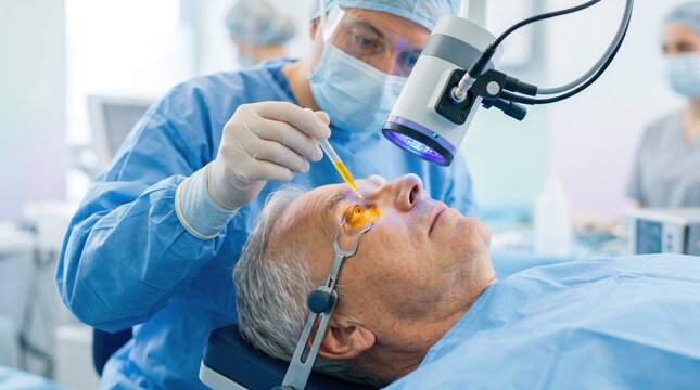 Corneal cross-linking treatment for keratoconus on senior patient. Surgeon applying riboflavin drops and UV light to elderly man's eye. Ophthalmic surgery concept