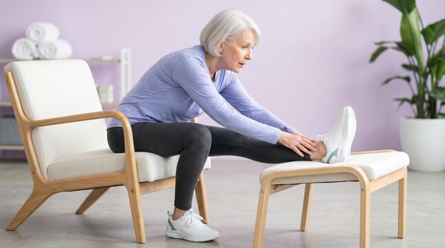 Senior woman performing seated hamstring stretch on chair. Elderly physical therapy and rehabilitation exercise at home. Active aging and wellness concept