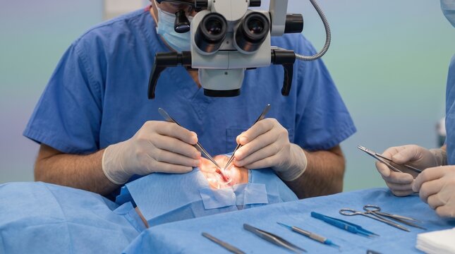 Surgeon performing ptosis repair levator surgery on patient eye. Ophthalmic surgical procedure under microscope in operating room