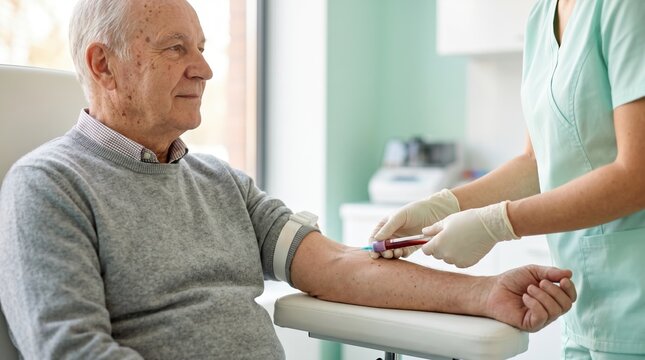 Nurse drawing blood sample from arm of senior male patient in clinic. Elderly man undergoing routine hemoglobin A1c blood test for diabetes monitoring