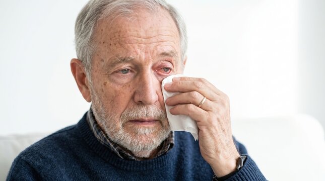 Elderly man wiping irritated red eye with tissue. Senior male suffering from seasonal allergy or conjunctivitis. Eye infection and healthcare treatment concept