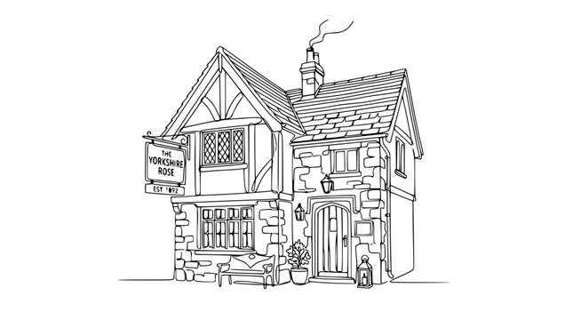 Charming English Pub "The Porcupine" Sketch - Stone Building, Tudor Style, Cozy Atmosphere