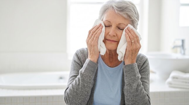 Eyelid hygiene with warm compress. Elderly woman applying warm washcloths to closed eyes for blepharitis relief in bathroom