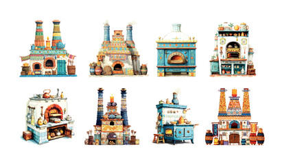 Fototapeta premium Russian traditional oven cartoon vector set. Stove fireplace fire cooking interior rustic folk fairy tale rural village architecture vintage retro illustration isolated on white