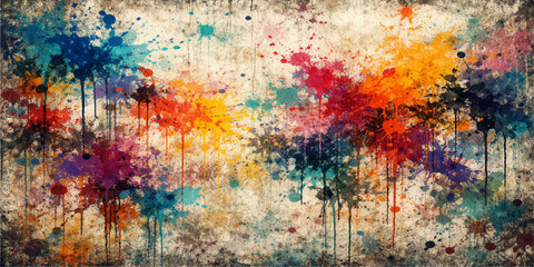 Fototapeta premium Abstract colorful grunge background with watercolor paint splashes, ink stains and rainbow splatter on textured paper, artistic vector illustration backdrop design