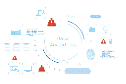 Tech icons, fingerprint, code elements and warning symbols shown in modern clean style on white background, concept of data analytics, 3D Rendering