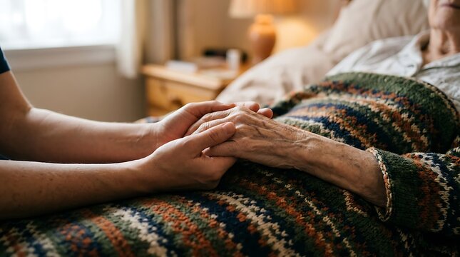 A person holding the hands of an elderly person in bed providing comfort and care during a difficult time of illness or emotional distress