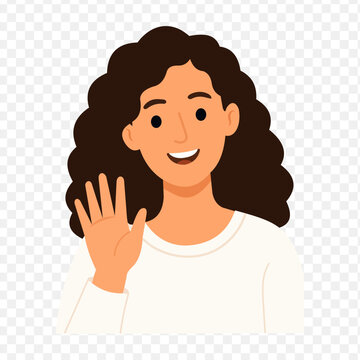 Smiling woman waving hello with her right hand wave hello wave goodbye friendly gesture wave to someone greeting friendly