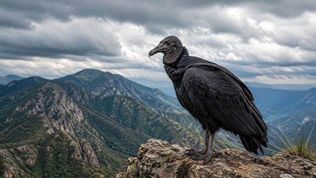 Black vulture perched on a rocky cliff overlooking a stormy mountain valley