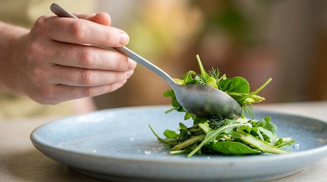 A person uses a silver spoon to carefully place fresh green salad leaves onto a blue ceramic plate in a bright kitchen setting during the day