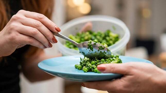 A person uses a silver spoon to serve a mixture of cooked broccoli and green peas from a plastic bowl onto a blue plate in a home kitchen