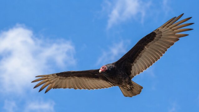 Turkey vulture soaring with wings fully spread against blue sky