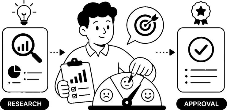 Business approval process illustration with research and analysis.
