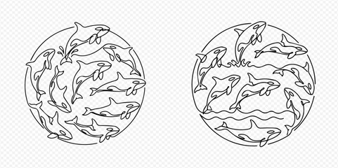 Continuous line drawing of a pod of killer whales or orcas in a circular shape, representing ocean life and marine conservation. © Lunara Arts