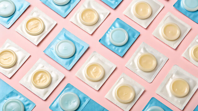 Close up arrangement of colorful circular contraceptive packets on pink background