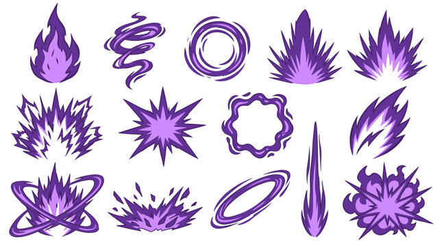 Vibrant purple flames and explosion effects arranged on a white background