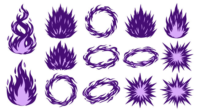 The illustration shows various purple flames and fire effects.