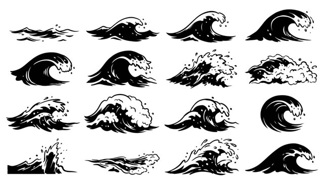 Various ocean waves crash and swell in different styles and motions.