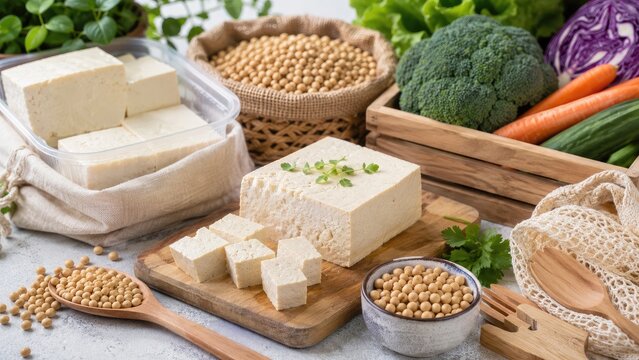 Blocks and cubes of tofu surrounded by soybeans and fresh vegetables on a wooden board, highlighting plant-based protein and natural cooking ingredients