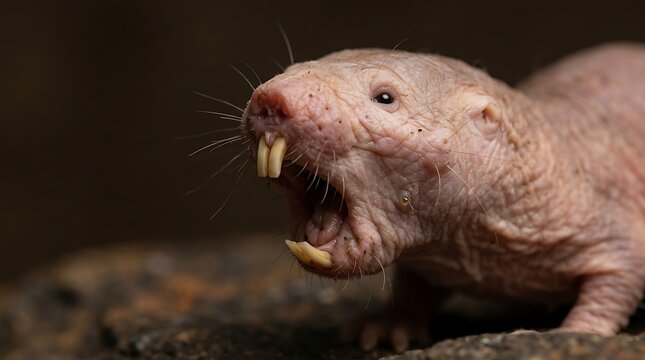 Close up portrait of a mole rat with wrinkled pink skin and large protruding teeth looking sideways in a dark natural underground habitat