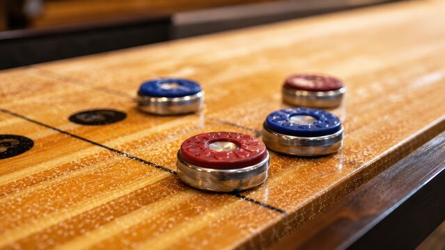 Close-up of shuffleboard pucks on a waxed wooden shuffleboard table near scoring lines