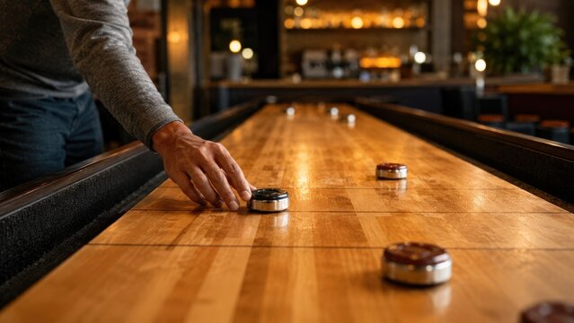 Player hand pushing a puck on a polished wooden shuffleboard table in a cozy bar with warm ambient lighting