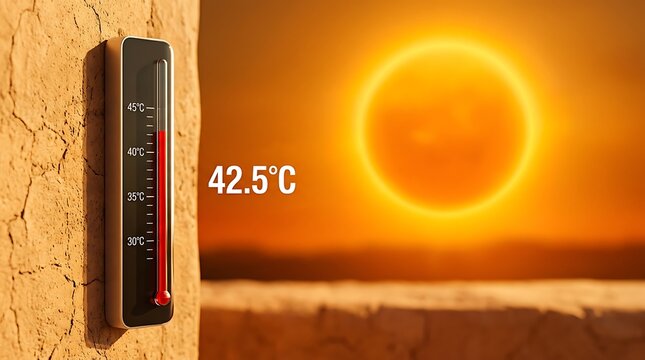 Digital thermometer showing a temperature of 42.5 degrees celsius mounted on a cracked desert wall with a bright glowing sun in the orange sky