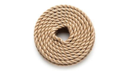 Obraz premium Thick natural brown jute rope coiled in a perfect circle showing detailed twisted fibers and sturdy texture on white background