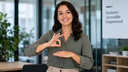 Obraz premium Smiling woman in an office making sign language gestures, inclusive accessible workplace and professional communication scene