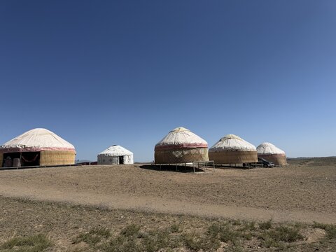 Traditional Nomadic Yurt Camp in the Open Landscape of Kazakhstan