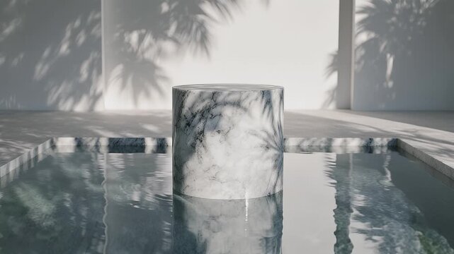Minimalist Luxury Architecture Featuring a White Marble Pedestal in a Reflective Water Pool with Soft Palm Tree Shadows