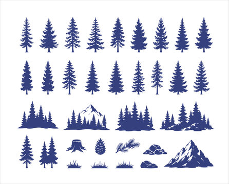 Set of forest pine trees and mountains Vector, illustration