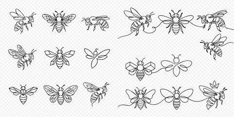 Continuous line art drawings of bees in various poses and styles, isolated on a transparent background, perfect for logos and designs. © Lunara Arts