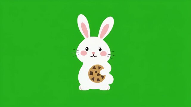 Cute white bunny eating cookie in animated loop with green screen background