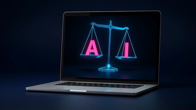 Digital justice and law technology concept with ai scales on laptop screen