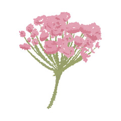 Fototapeta premium Hand-drawn crayon texture illustration of a pink flower bouquet cluster with green stems. Lovely textured botanical element isolated on white background for romantic design