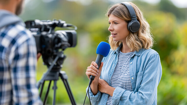 Faceless female journalist covering breaking news live from outdoor location with camera crew present, field journalism concept, broadcast media photography, blurred outdoor