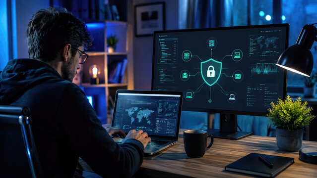 Man at desk working on cybersecurity dashboards with laptop and monitor showing lock icon, network maps and analytics in a blue-lit home office