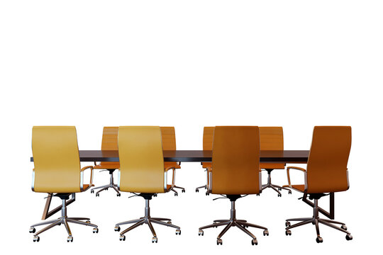 Empty conference room chairs around table in modern style on white background showing corporate workspace furniture concept, 3D Rendering
