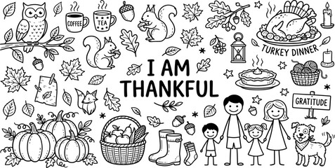 Thankful fall season doodle art with family and nature elements © asma1981