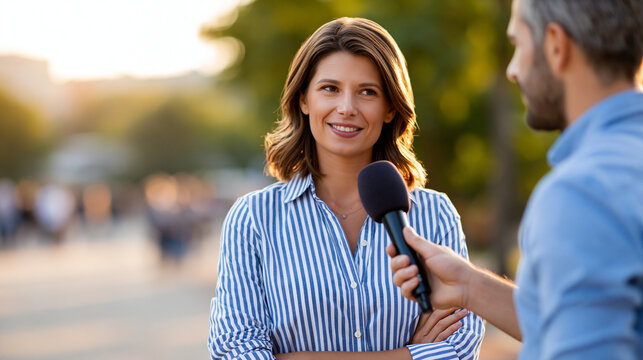 Faceless woman journalist interviewing man with microphone outdoors in downtown park at sunset, live report concept, public opinion journalism photography, blurred park