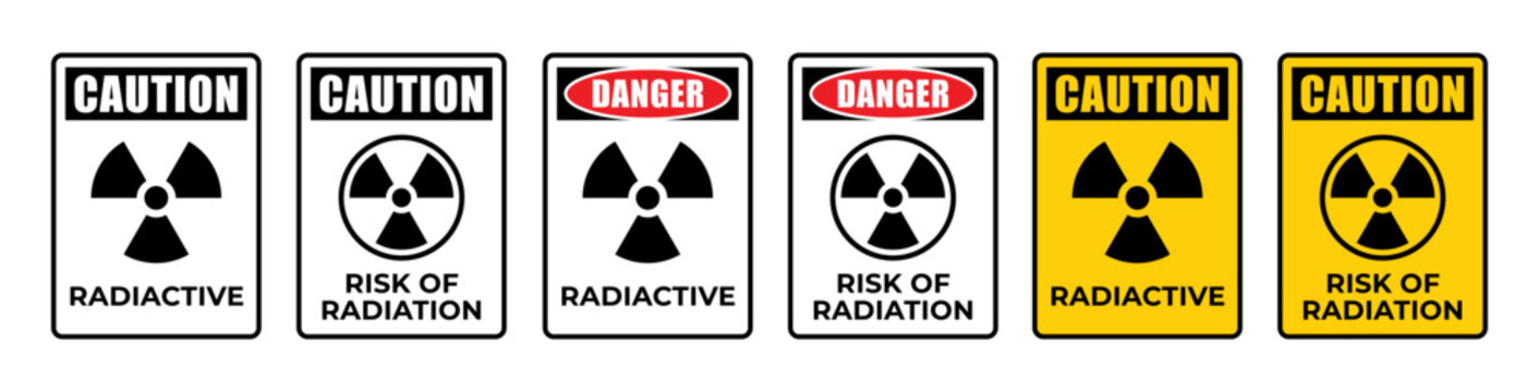 Caution radioactive label set vector. Isolated danger risk of radiation sign on white background. Warning radioactive materials pictogram symbols. Nuclear keep out concept. Vector illustration.