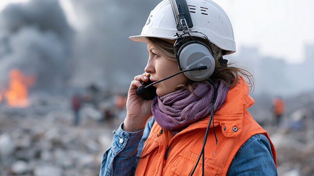 Faceless female war correspondent in press helmet and protective vest reporting live from bombed conflict zone with smoke and fire visible, war journalism concept, breaking news