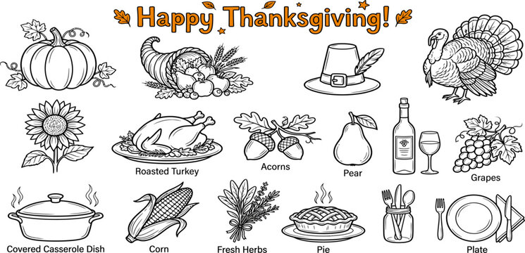 Thanksgiving day collection hand drawn illustrations of traditional holiday elements and festive decorations